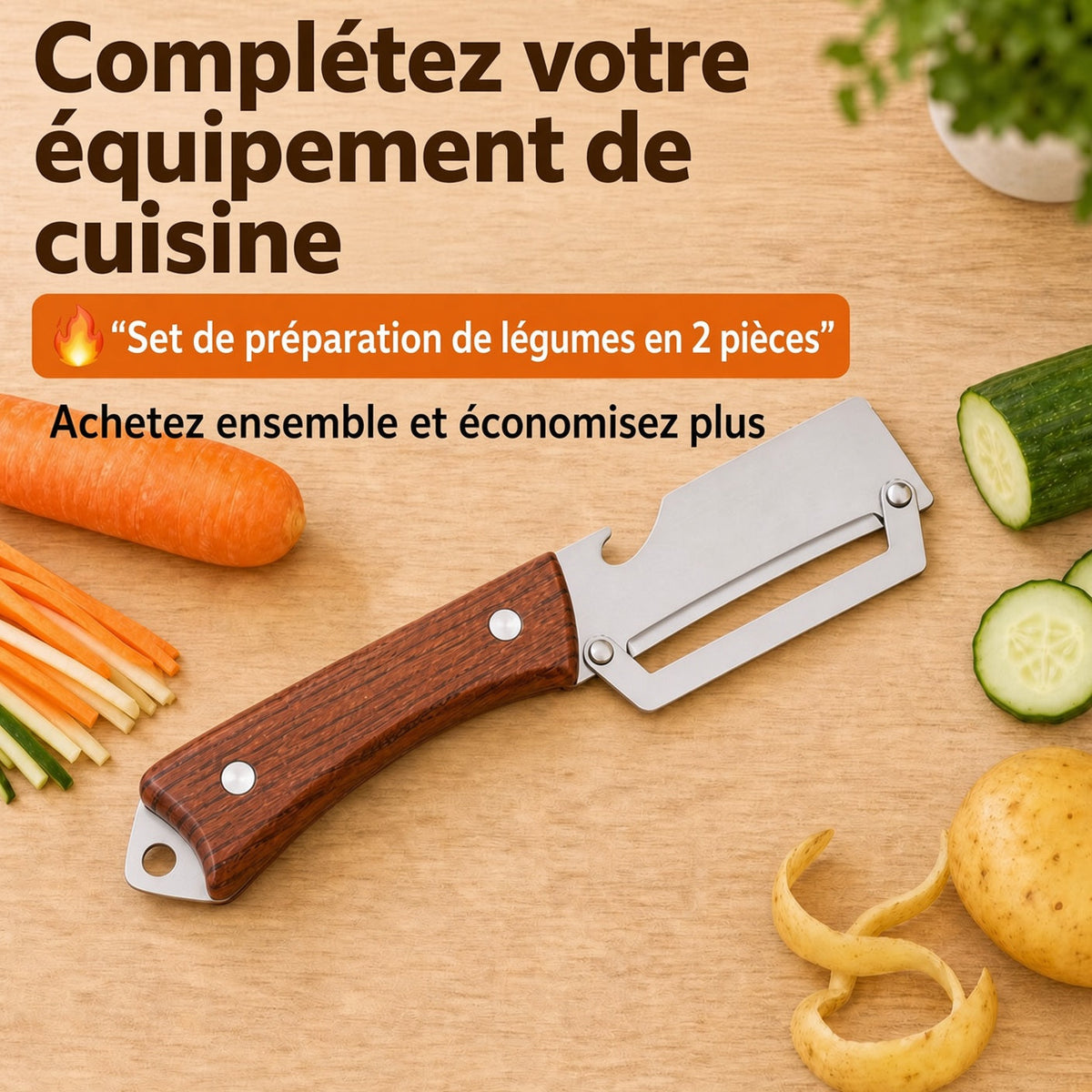 upsell-🔪🥬 Achetez-en 1, obtenez-en 1 GRATUITEMENT ! 🥔 Éplucheur Multifonctionnel en Bois – Lame Inox Ultra-Tranchante + Décapsuleur Intégré 🥕🍎🎁